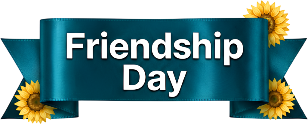 Wrap your message with an elegant turquoise ribbon adorned with “Friendship Day” text and bright sunflowers, ideal for cheerful greetings PNG clipart.