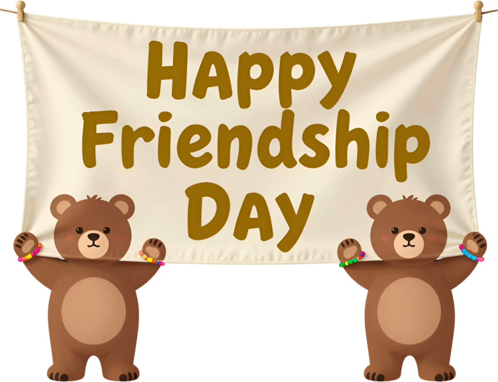 Delight audiences with adorable teddy bears holding a “Happy Friendship Day” banner, perfect for charming and cute celebrations PNG clipart.