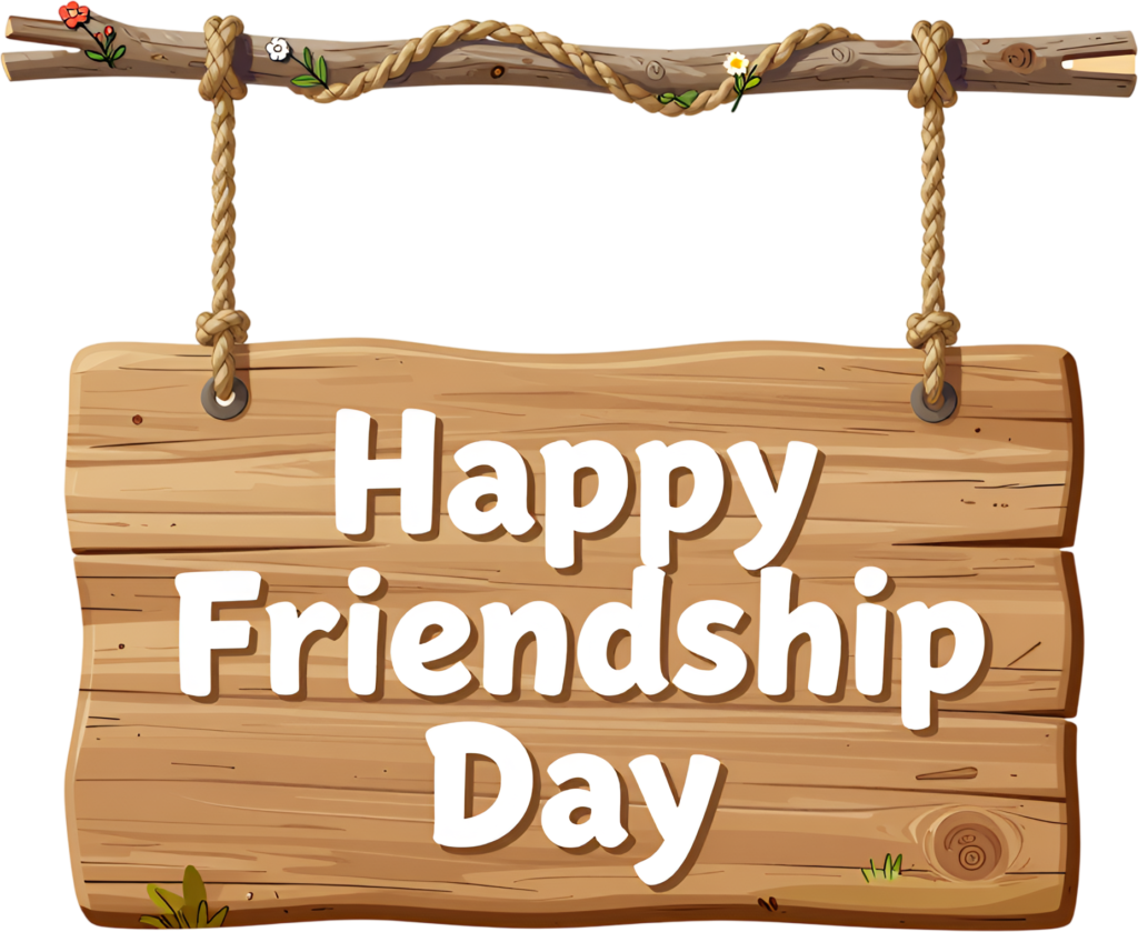 Hang a rustic wooden sign proudly displaying a “Happy Friendship Day” message, suspended from a natural branch PNG clipart.