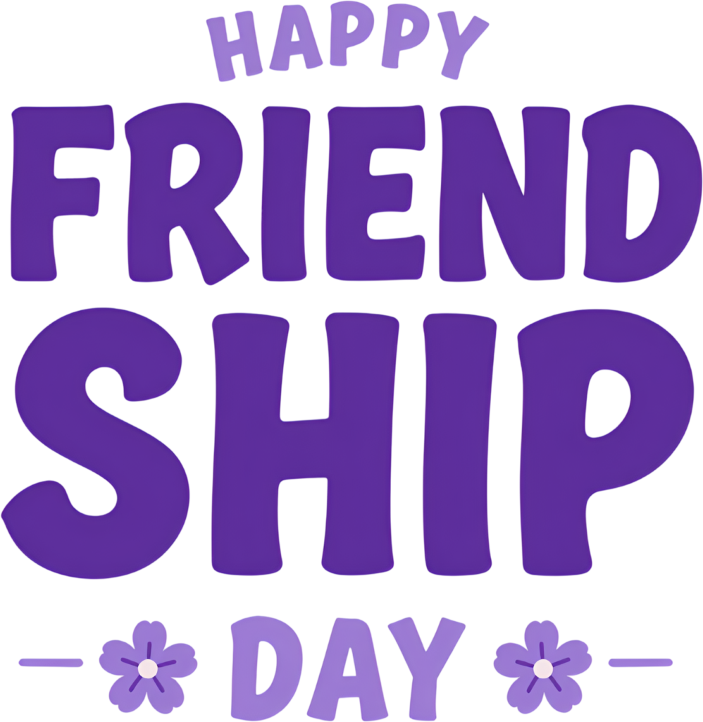 Introduce charming “Happy Friendship Day” bold text complemented by decorative flowers, featuring a lovely purple color palette PNG clipart.