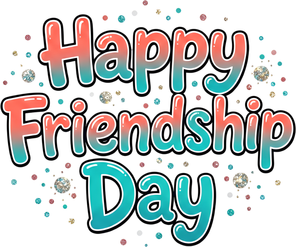 Illuminate your designs with glistening “Happy Friendship Day” gradient text, transitioning from pink to blue with sparkling glitter accents PNG clipart.