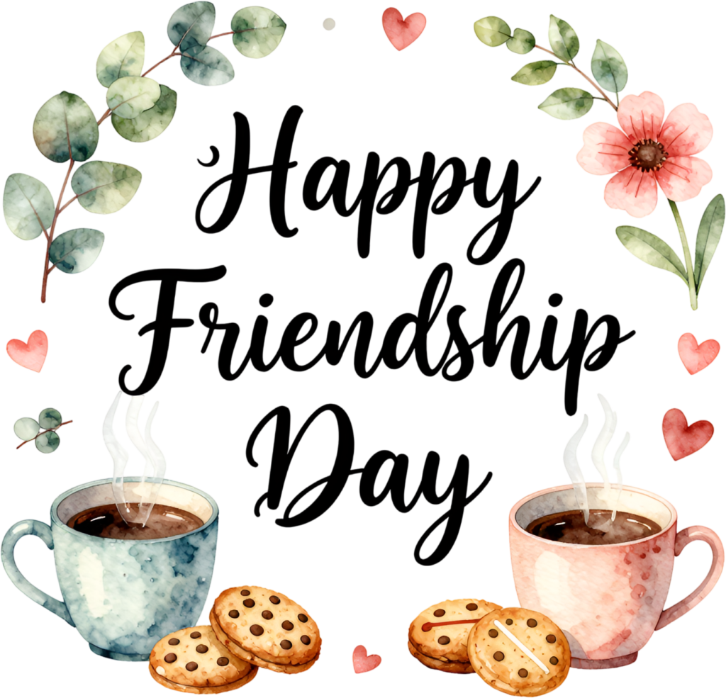 Embrace warmth with cozy “Happy Friendship Day” script encircled by delightful coffee cups, cookies, and a charming floral wreath PNG clipart.