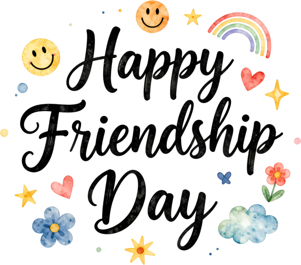 Spread joy with cheerful “Happy Friendship Day” script decorated with happy emojis, a bright rainbow, flowers, and whimsical clouds PNG clipart.