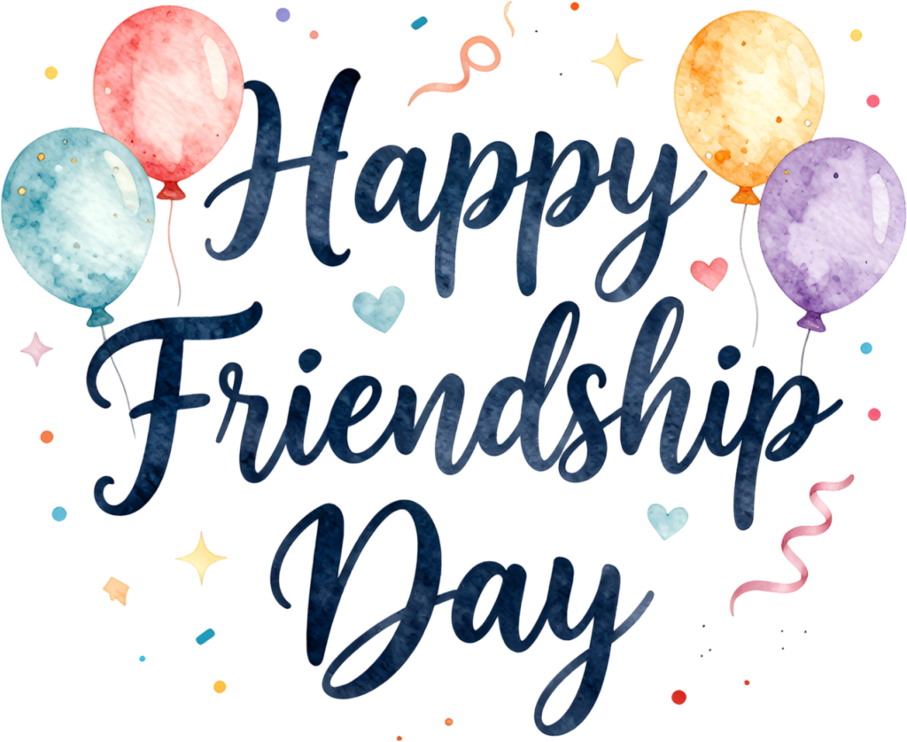 Add festive cheer with “Happy Friendship Day” script adorned with watercolor balloons, hearts, and celebratory confetti PNG clipart.
