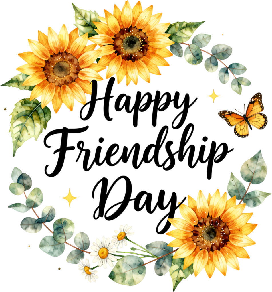 Brighten your designs with “Happy Friendship Day” script encircled by a vibrant sunflower wreath and a graceful monarch butterfly PNG clipart.