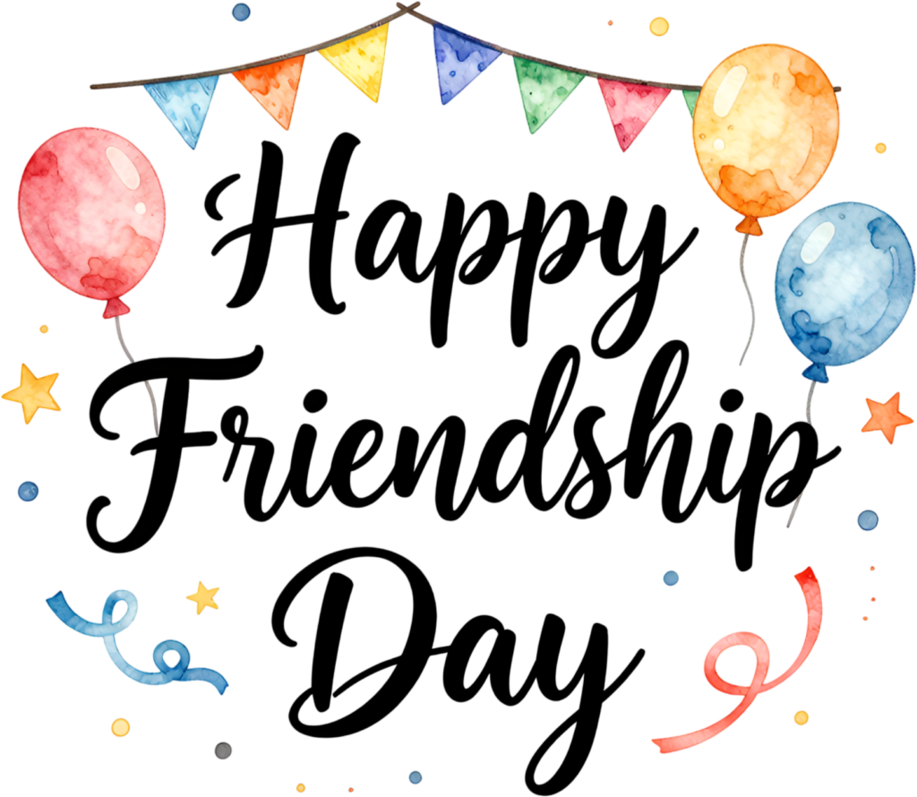 Bring fun to your projects with playful “Happy Friendship Day” script surrounded by watercolor balloons, a festive banner, and colorful confetti PNG clipart.