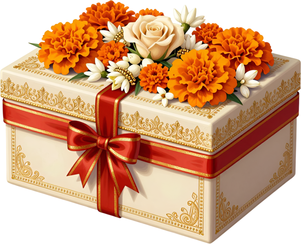 Gift Box with vibrant orange marigolds, elegant rose, red ribbon, festive PNG transparent clipart design