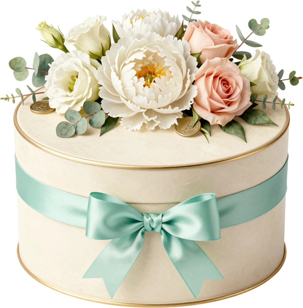 Mint Green Cream Gift Box with stunning peonies, eustoma, eucalyptus, charming PNG transparent clipart
