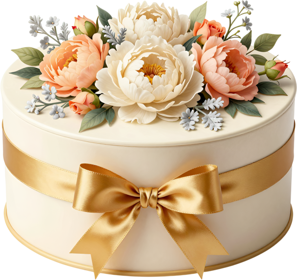 Adorned Gold Ribbon Gift Box showcasing peach peonies, delicate white flowers, beautiful PNG clipart asset