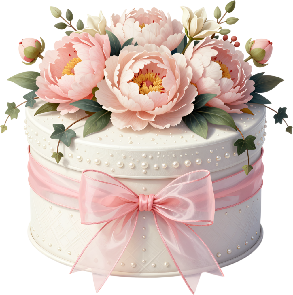 Luxurious Pearl Embellished Gift Box featuring gorgeous pink peonies, sheer ribbon, elegant PNG clipart
