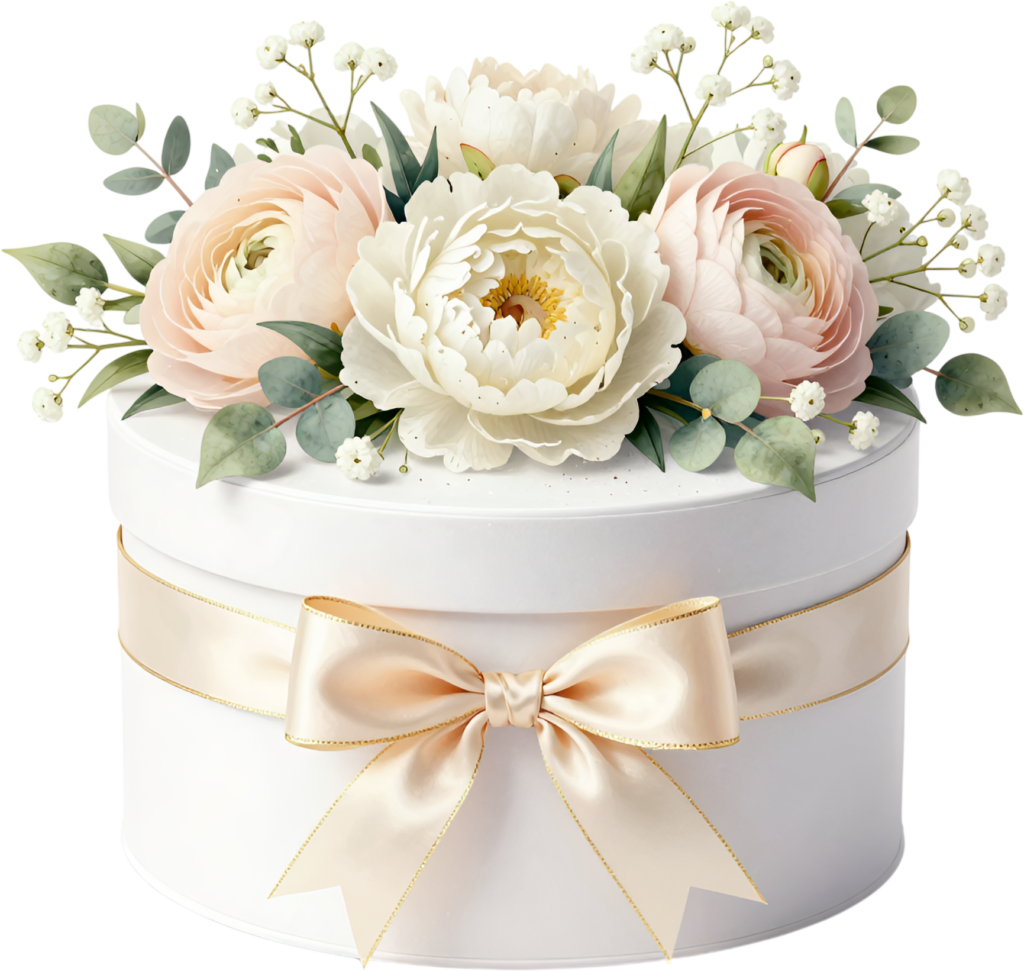 Charming White Flower Gift Box with peonies, ranunculus, baby’s breath, sophisticated PNG transparent clipart