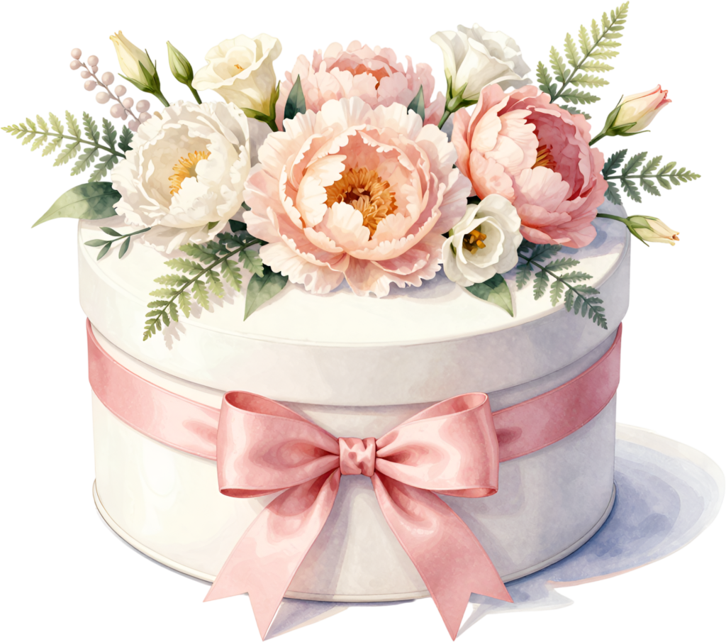 Delightful Pink Ribbon Gift Box showcasing elegant peonies, white eustoma, lush ferns, beautiful PNG clipart