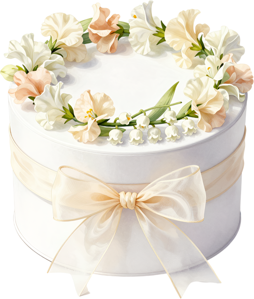 Exquisite Floral Wreath Gift Box featuring sweet peas, lily of the valley, delicate PNG transparent clipart