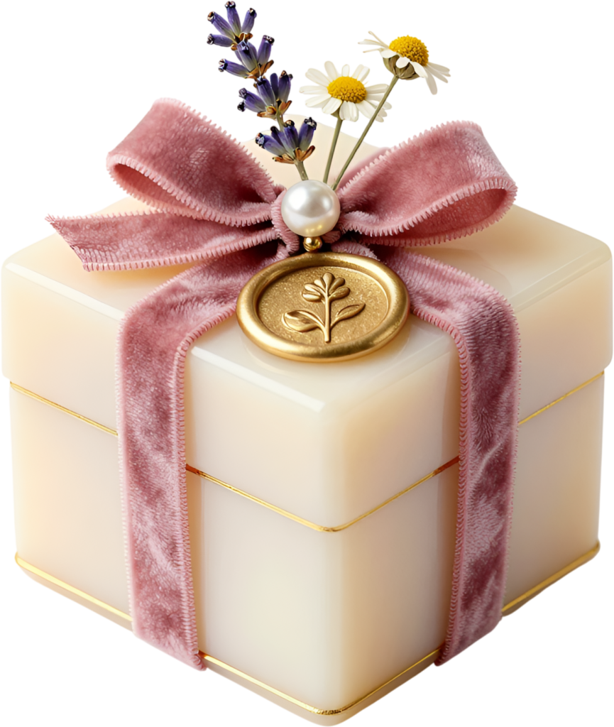 Luxurious Pink Velvet Gift Box featuring a gold wax seal, lavender, chamomile, premium PNG transparent clipart