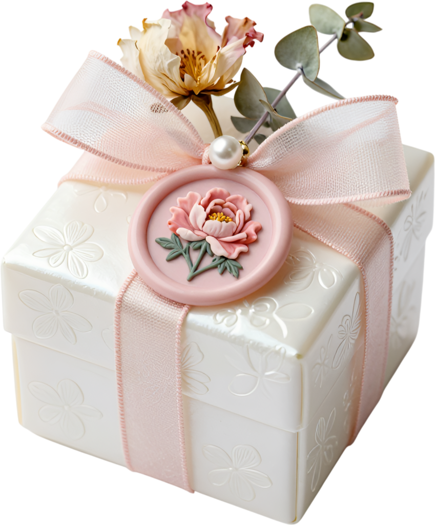Ornate White Embossed Gift Box with a peony wax seal, dried rose, eucalyptus, lovely PNG clipart