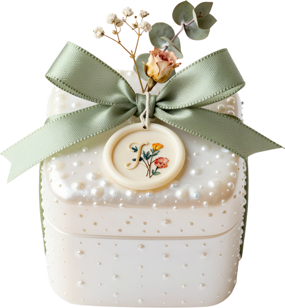 Unique Pearl Dotted Gift Box boasting a sage green ribbon, floral wax seal, dried rose, charming PNG clipart