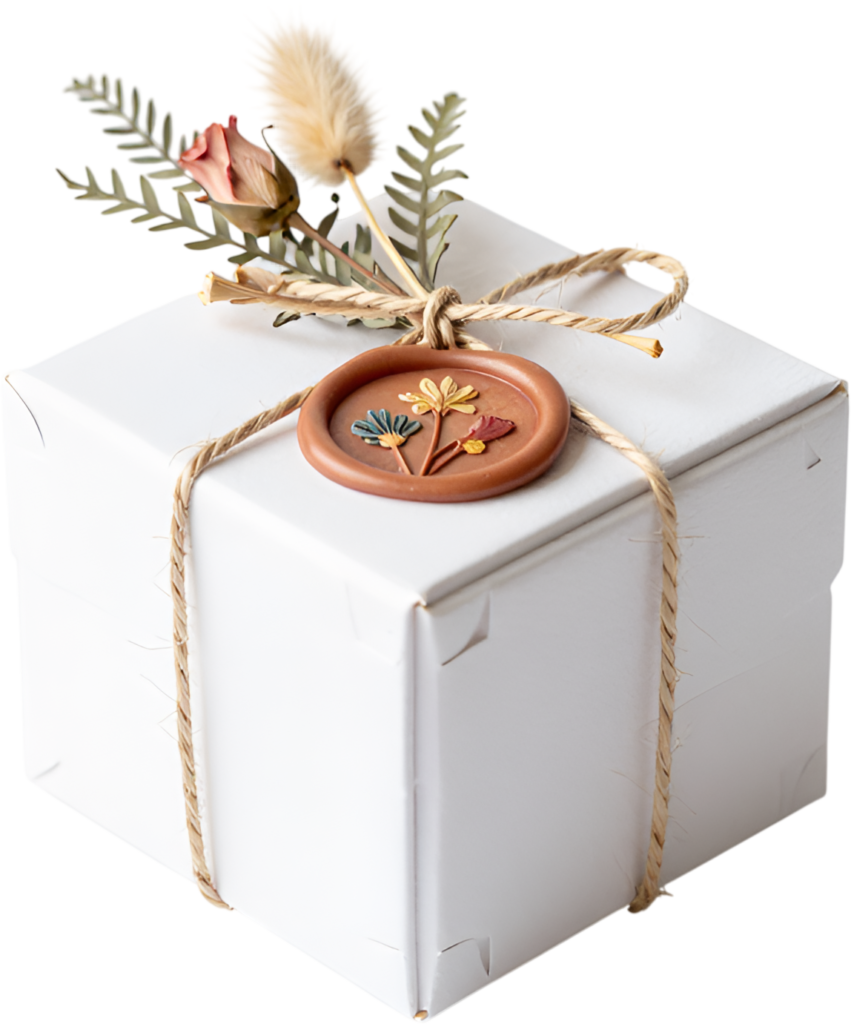 Rustic White Gift Box with twine, floral wax seal, dried rose, feather, charming PNG transparent clipart