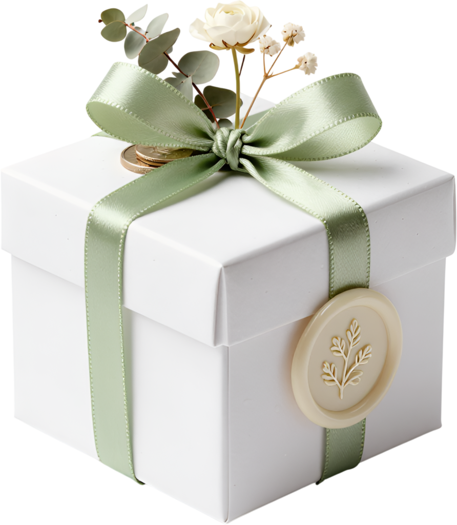 Sage Green Ribbon Gift Box adorned with ranunculus, eucalyptus, leaf wax seal, delightful PNG clipart