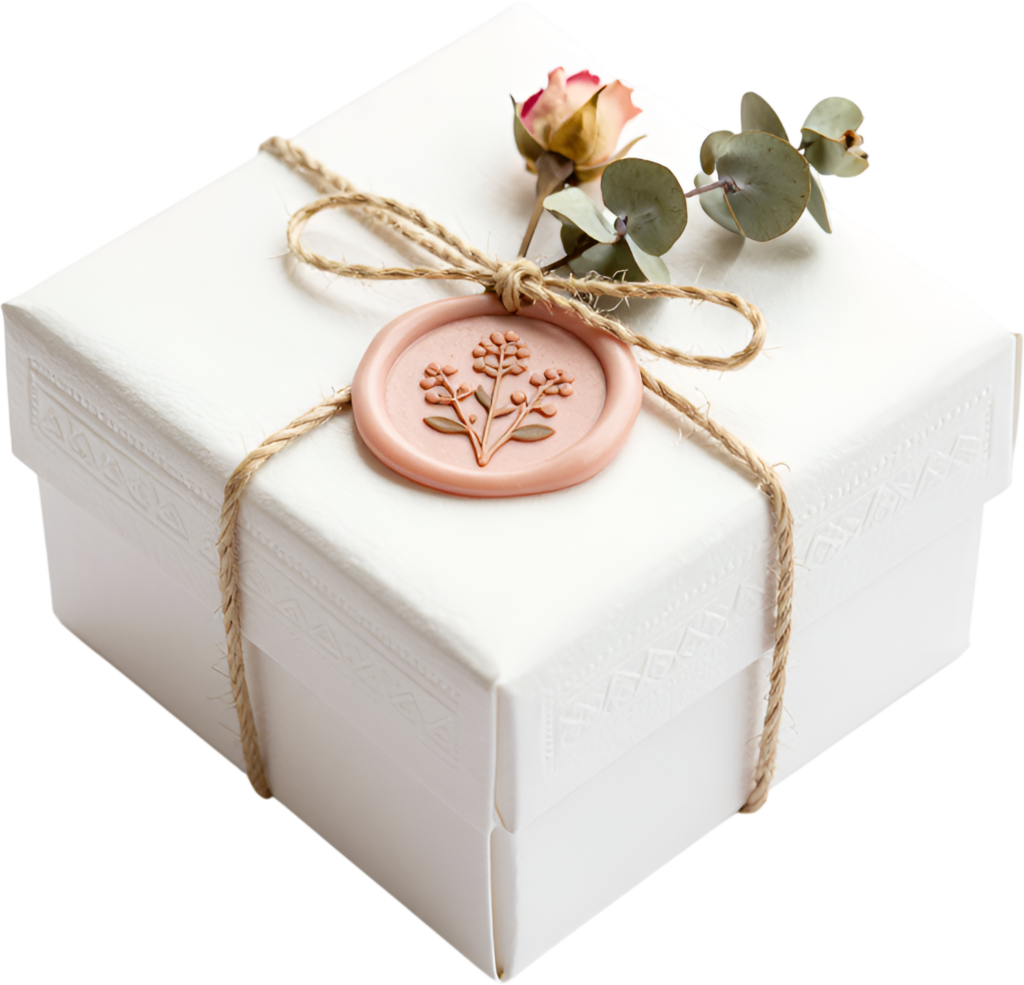 Textured Embossed Gift Box with twine, botanical wax seal, dried rose, elegant PNG transparent clipart