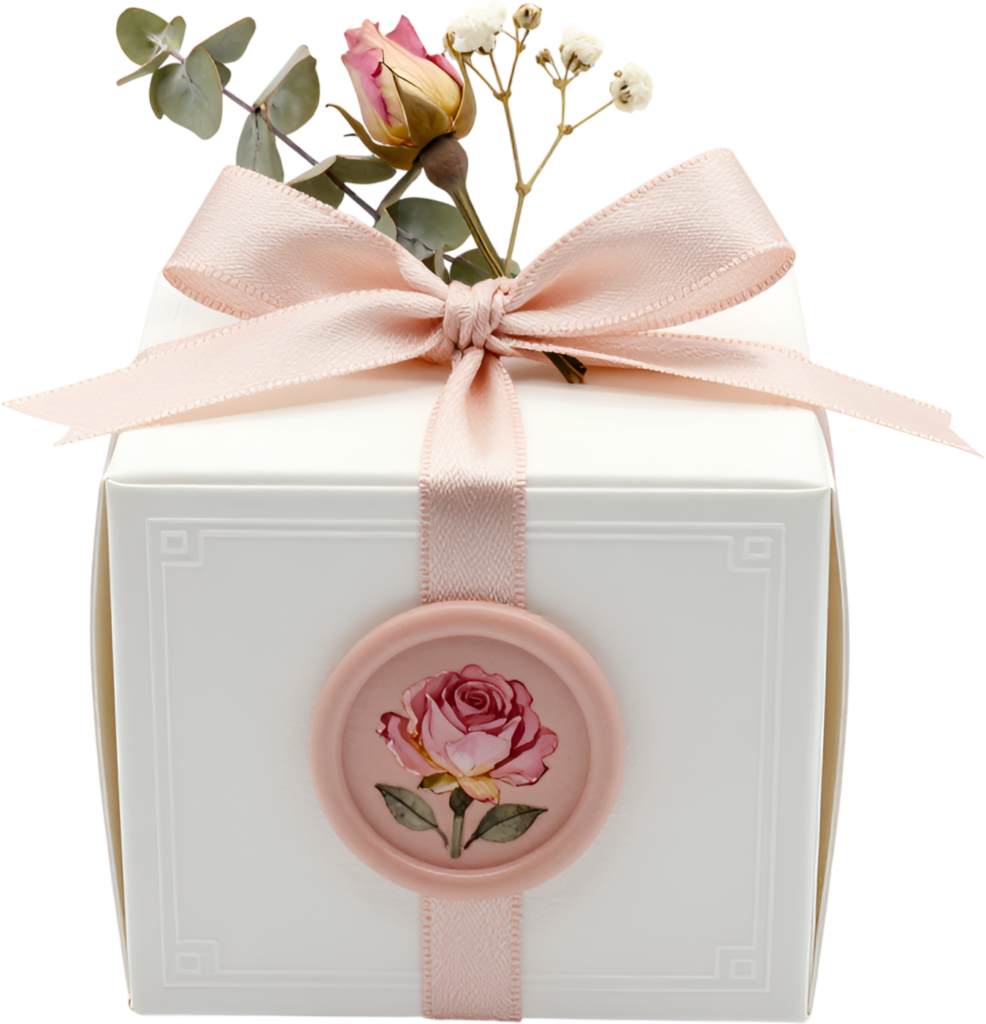Romantic Rose Wax Seal Gift Box, blush ribbon, dried rose, eucalyptus sprig, charming PNG transparent clipart