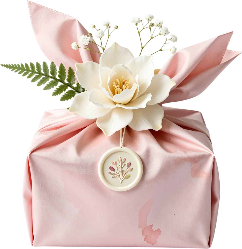 Artistic Pink Fabric Gift Wrap showcasing a magnolia, fern, floral tag, elegant PNG transparent clipart