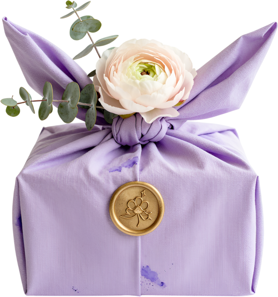 Chic Purple Fabric Gift Wrap accented with ranunculus, eucalyptus, gold wax seal, lovely PNG clipart