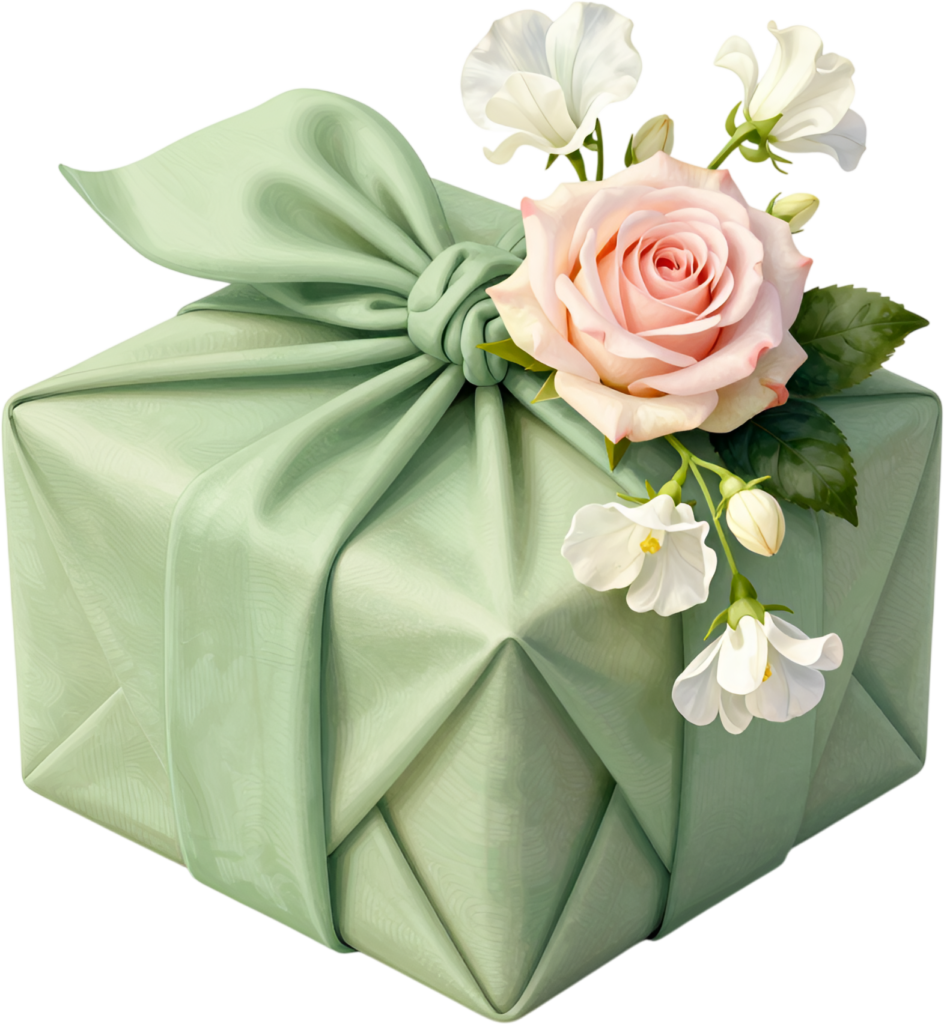 Elegant Green Fabric Gift Presentation with a blush rose, white sweet peas, charming PNG transparent clipart