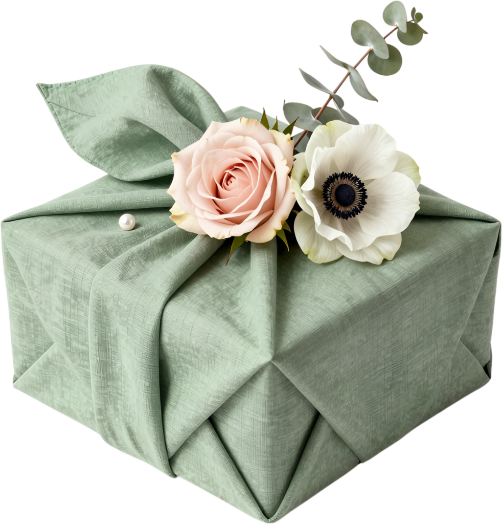 Striking Anemone Gift Wrap with a delicate pink rose, eucalyptus, charming PNG transparent clipart