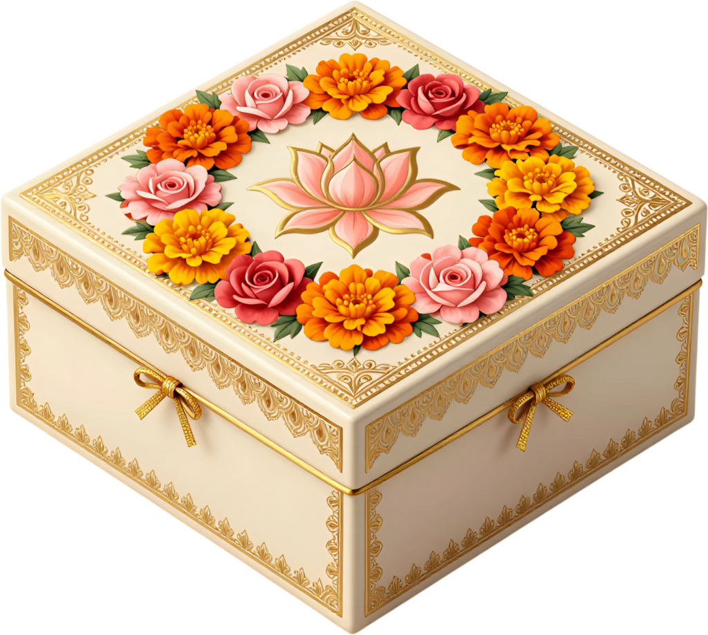 Sacred Lotus Gift Box encircled by marigolds, roses, ornate gold design, vibrant PNG clipart