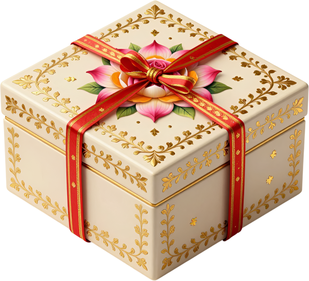 Intricate Ornate Gift Box with a central lotus blossom, red ribbon, lavish PNG transparent clipart