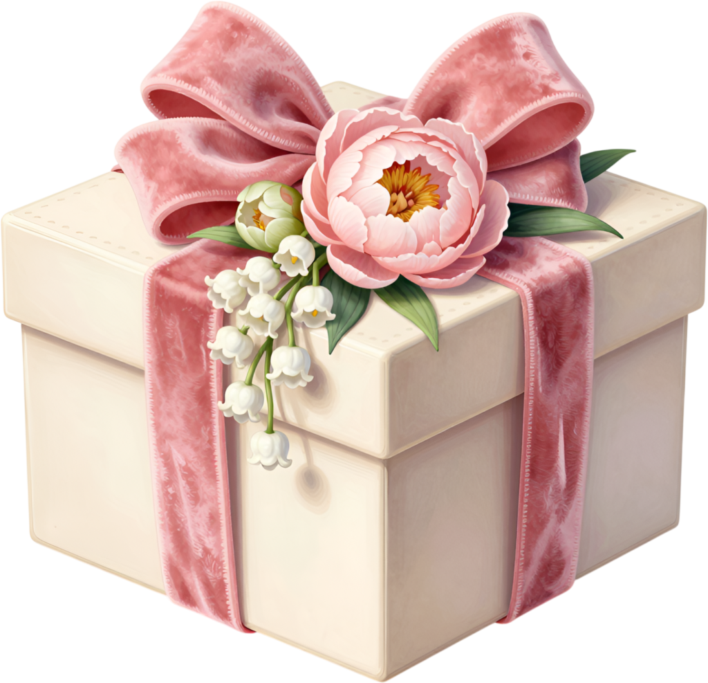 Beautiful Peony Gift Box, lily of the valley, plush velvet ribbon, delightful PNG clipart