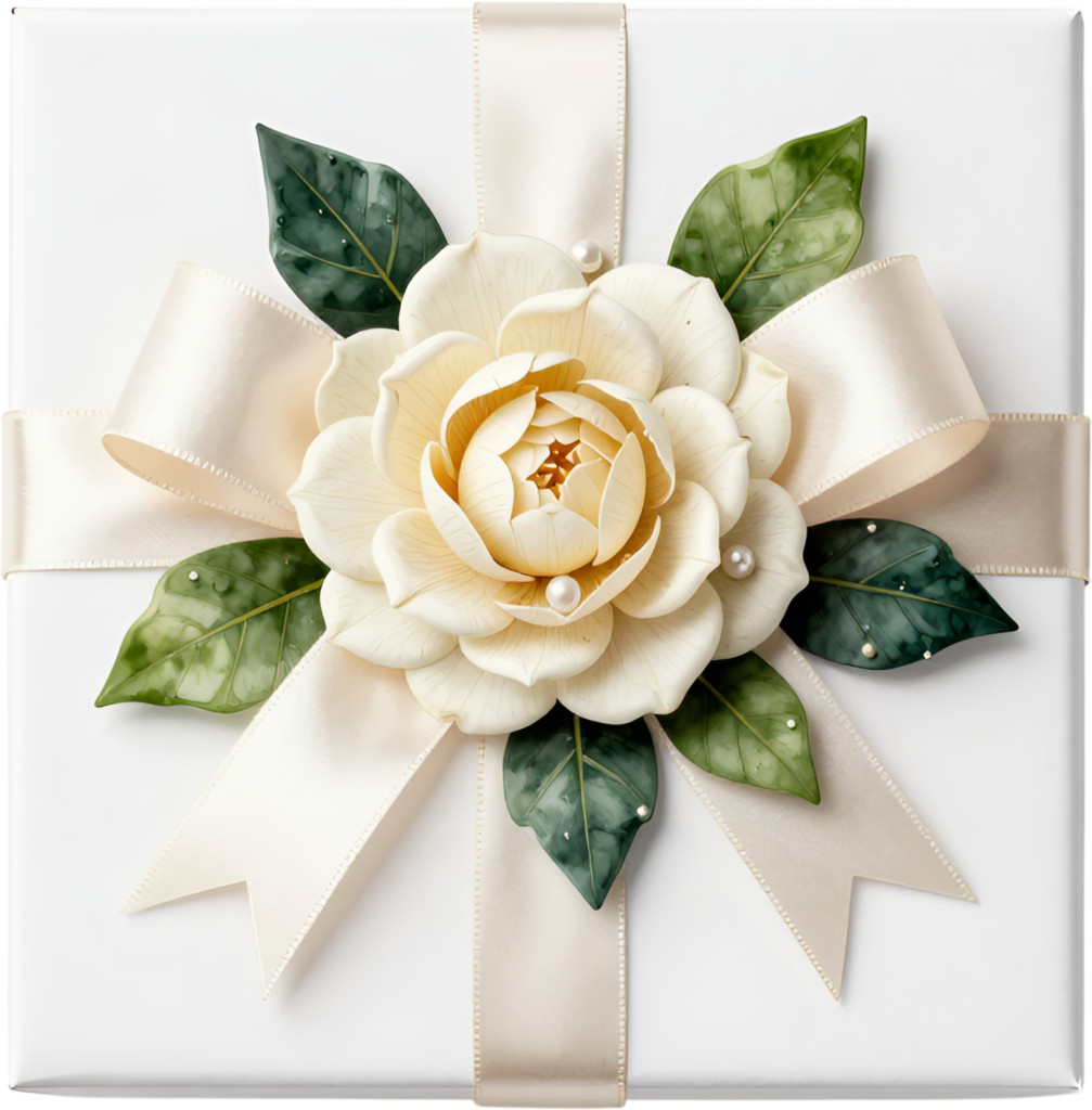 Overhead Gardenia Gift Box with lush green leaves, pearl accents, elegant PNG transparent clipart
