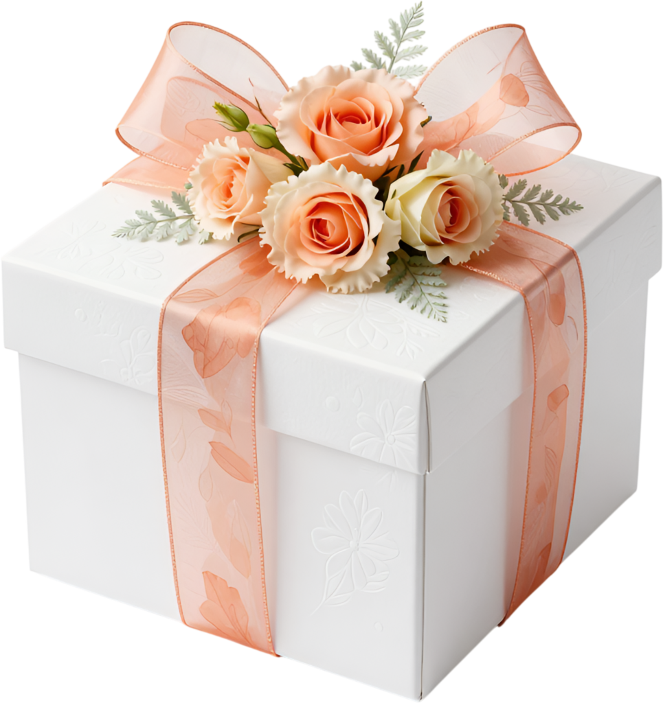 Charming Peach Rose Gift Box, sheer ribbon, fern accents, floral embossed design, lovely PNG clipart