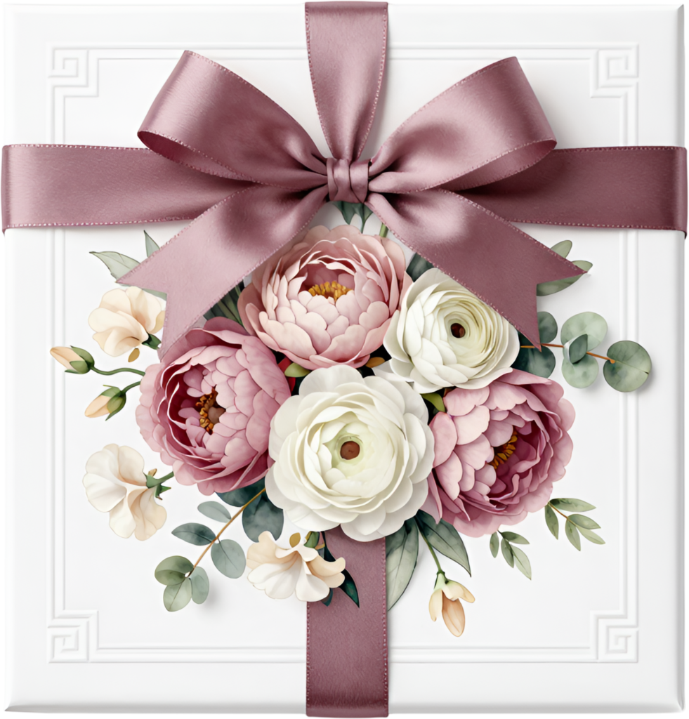 Exquisite Plum Ribbon Gift Box featuring peonies, ranunculus, eucalyptus, elegant PNG transparent clipart