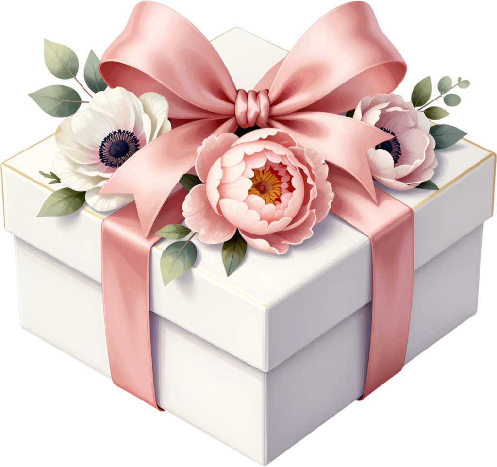 White Gift Box with elegant pink ribbon, lovely peonies, anemones, ideal celebration PNG illustration for party decor