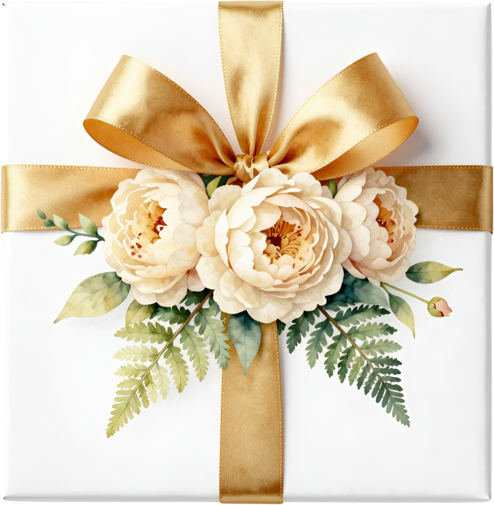 Adorned Gift Box design featuring lush cream peonies, golden ribbon, perfect birthday PNG illustration asset
