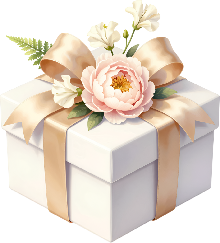 Elegant Gift Box adorned with a soft pink peony, white eustoma blooms, lovely gold ribbon PNG illustration for events