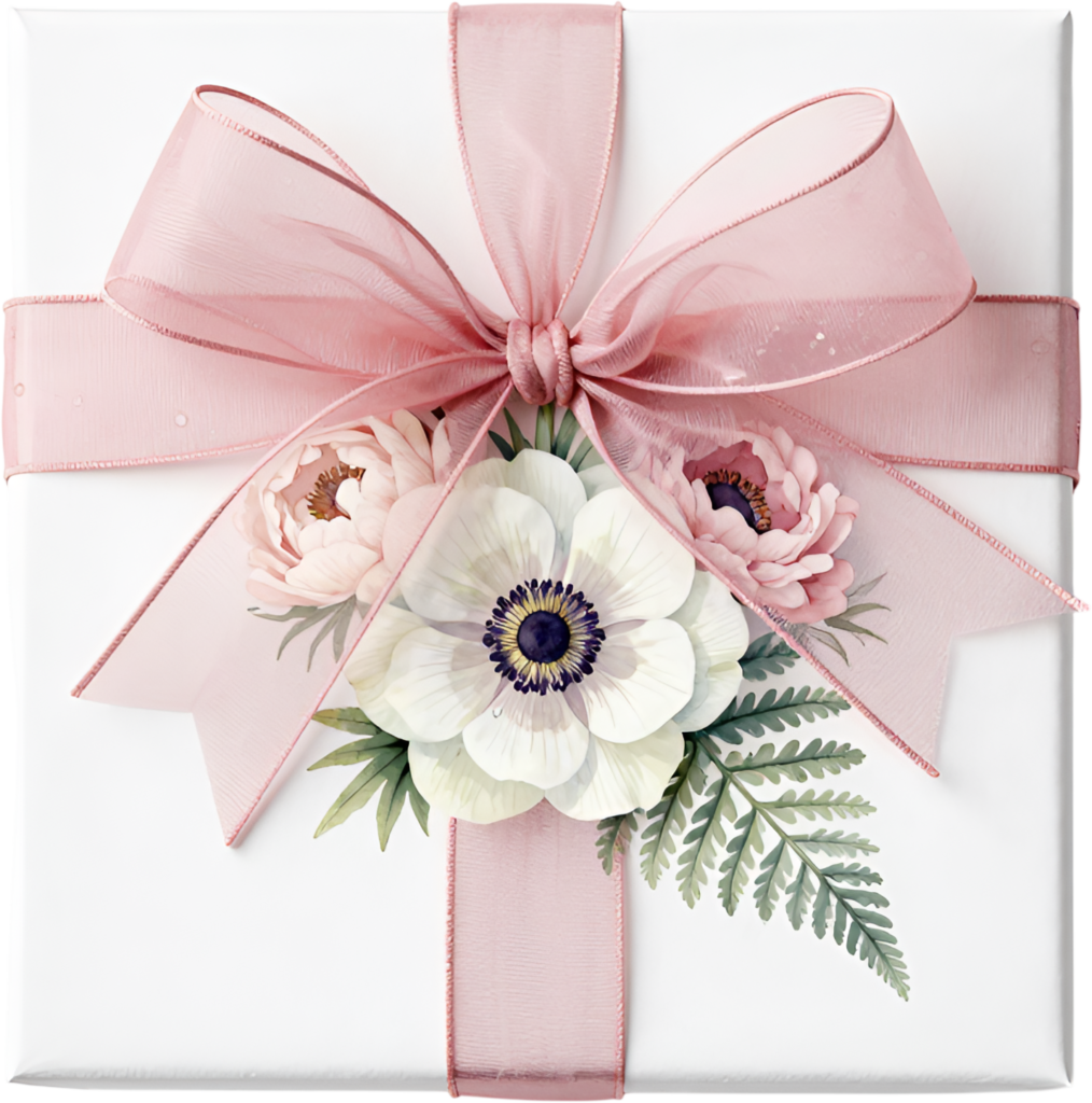 Romantic Gift Box top view showcasing sheer pink ribbon, white anemone, small peony PNG illustration design element