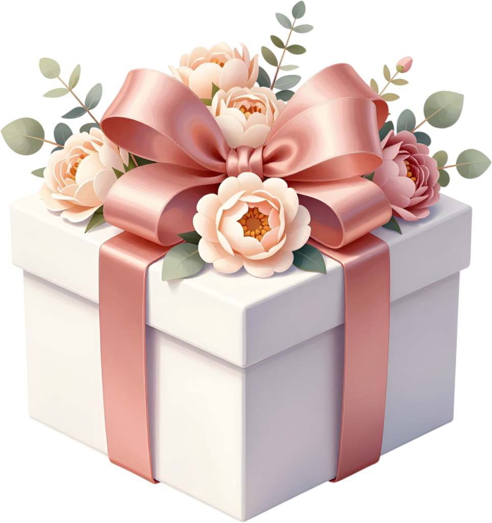 Charming Gift Box wrapped in a delicate pink ribbon, decorated with blush floral cluster, perfect PNG illustration graphic