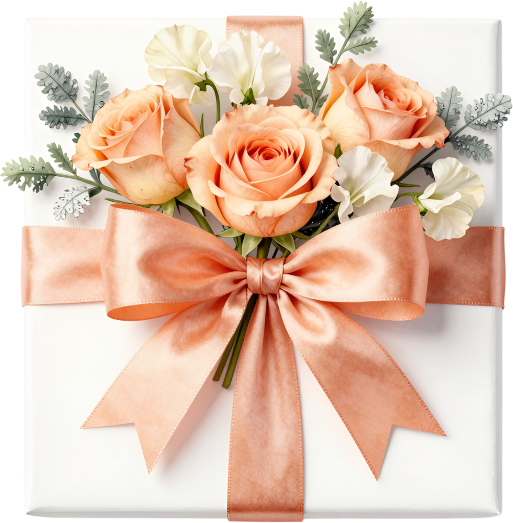 Beautiful Gift Box overhead view featuring peach roses, white sweet peas, elegant ribbon PNG illustration for weddings