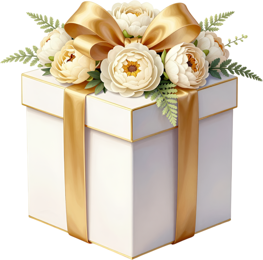 Luxury Gift Box with a lavish cream peony bouquet, golden ribbon, premium celebration PNG illustration asset