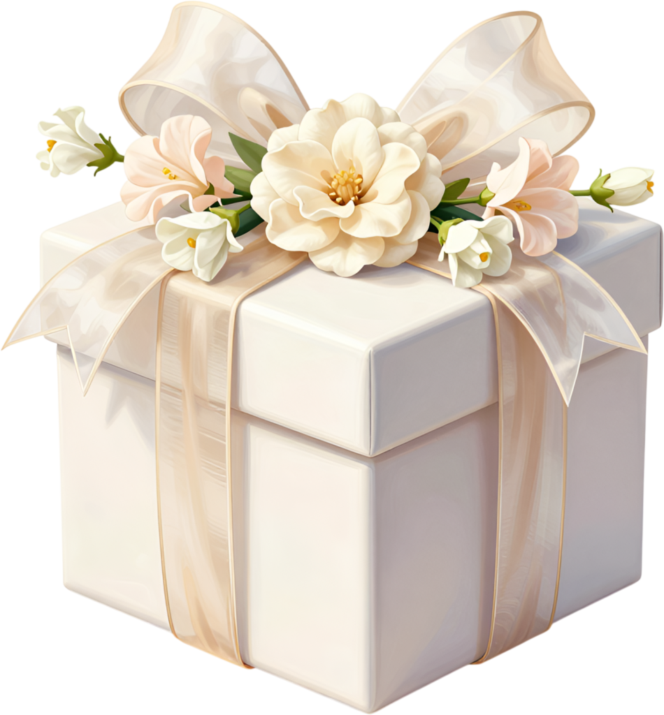 Pastel Gift Box with soft sheer gold ribbon, delicate white blush flowers, elegant event PNG illustration graphic