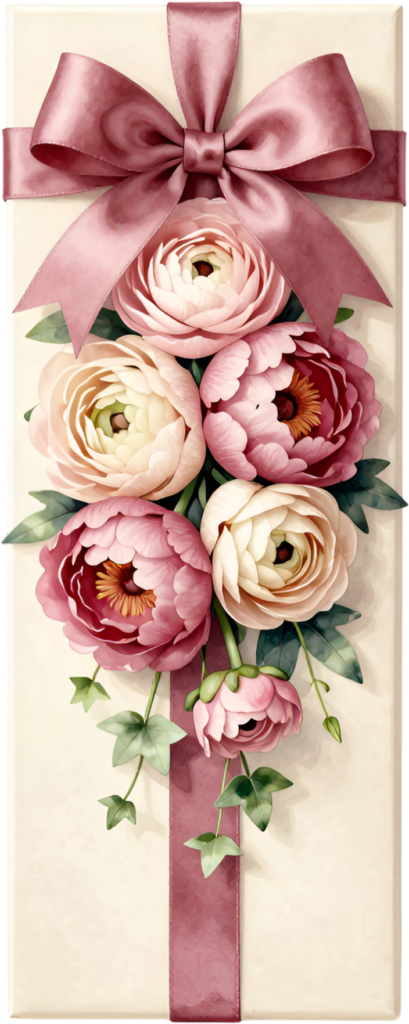Vertical Gift Box wrapped with a deep pink ribbon, featuring a vibrant ranunculus bouquet, unique PNG illustration design