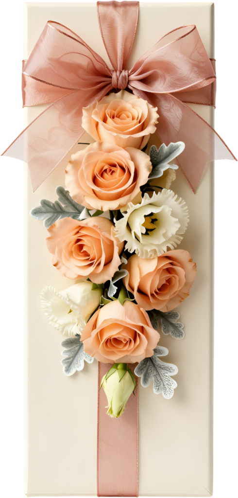 Slim Gift Box adorned with a peach ribbon, elegant roses, white eustoma blooms, lovely PNG illustration template