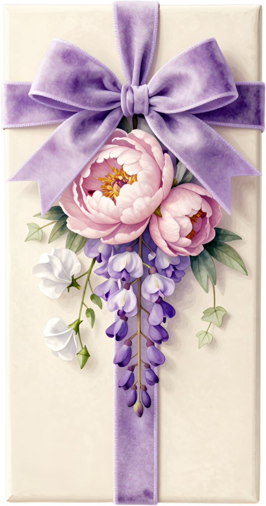 Velvet Gift Box featuring a luxurious purple ribbon, stunning peonies, wisteria cascade, festive PNG illustration element