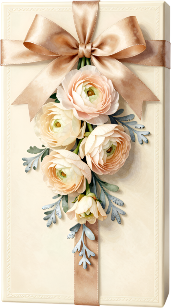 Refined Gift Box with elegant gold ribbon, graceful cream ranunculus flowers, charming PNG illustration for gifts
