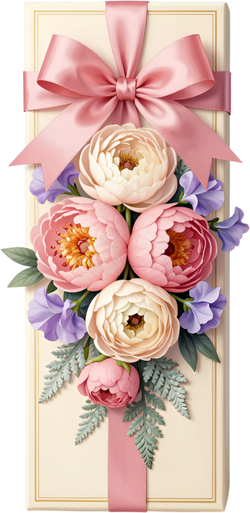 Colorful Gift Box showcasing a cheerful pink ribbon, vibrant peonies, purple sweet peas, artistic PNG illustration decor