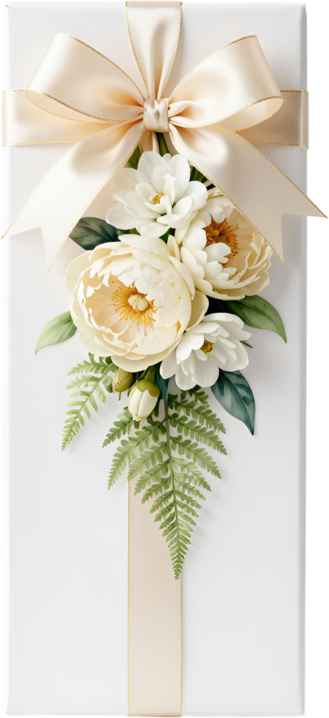 Nature-inspired Gift Box with a classic cream ribbon, beautiful peonies, lush ferns, serene PNG illustration artwork
