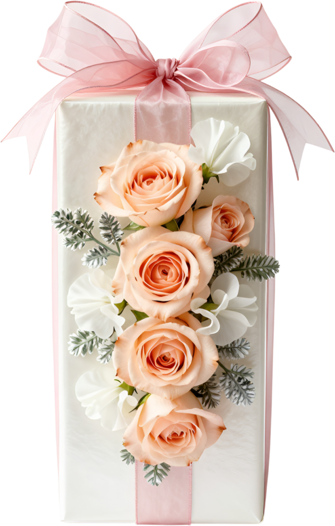 Delicate Gift Box featuring soft pink sheer ribbon, charming peach roses, sweet pea accents, elegant PNG illustration