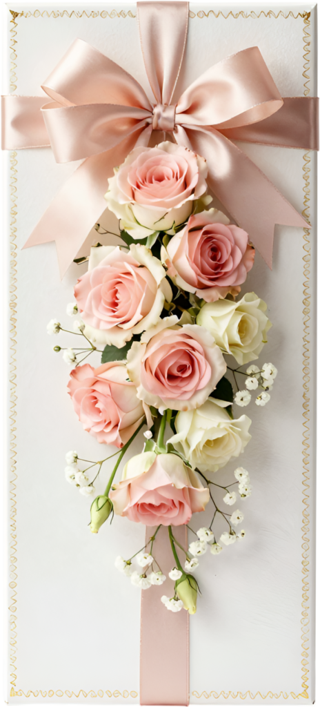 Blush Gift Box elegantly tied with a pink ribbon, featuring soft roses, delicate baby’s breath, celebration PNG illustration